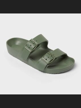 Shade & Shore Olive Green Double-Buckle Slide Sandals
